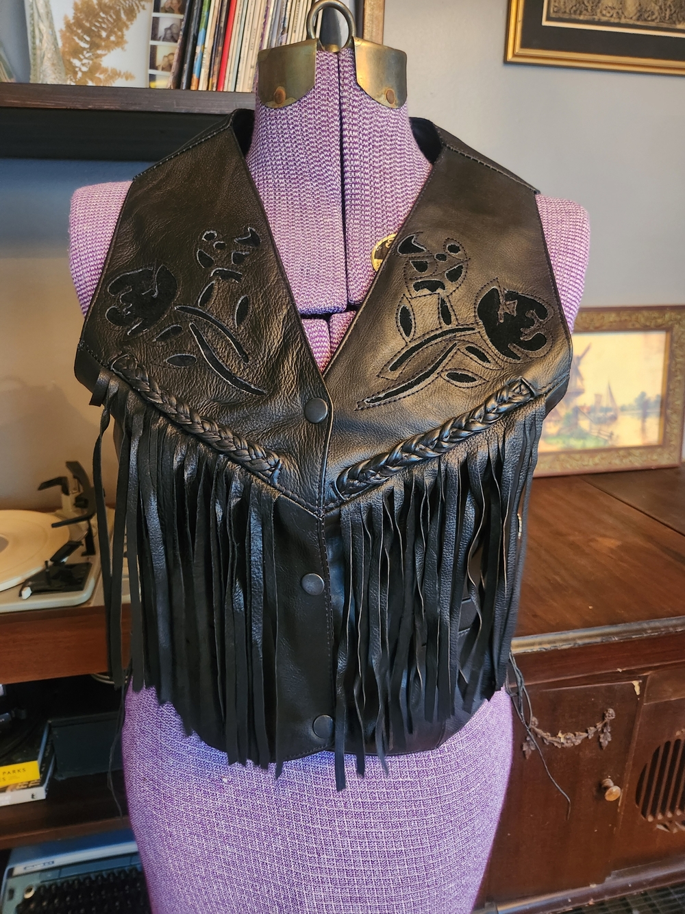 Women's Black Leather Fringe Vest with Floral Cutouts